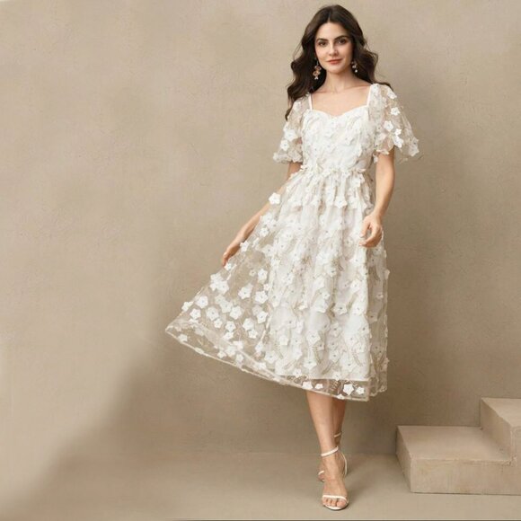 Anewsta Dresses & Skirts - NWT ANEWSTA FLORAL WHITE GOLD ROMANTIC MIDI DRESS ELEGANT ETHEREAL BLOOMCORE MED